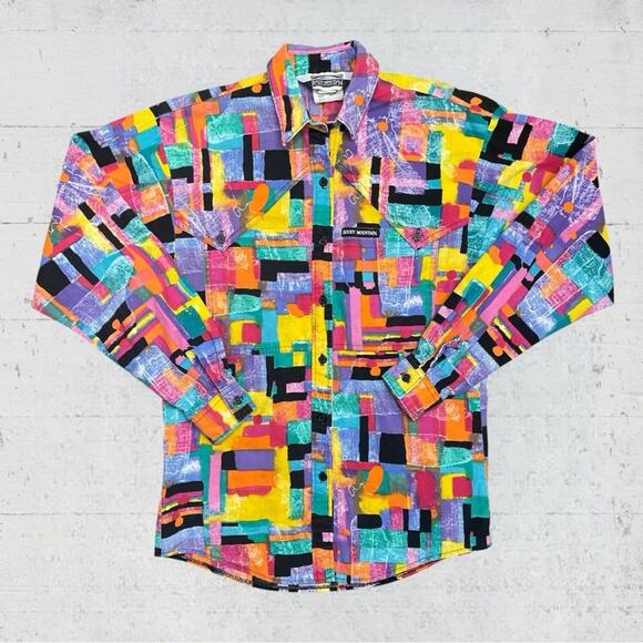 VTG 80’s Rocky Mountain Abstract Colorblock Artsy Western Long Sleeve Shirt XS - Picture 1 of 12